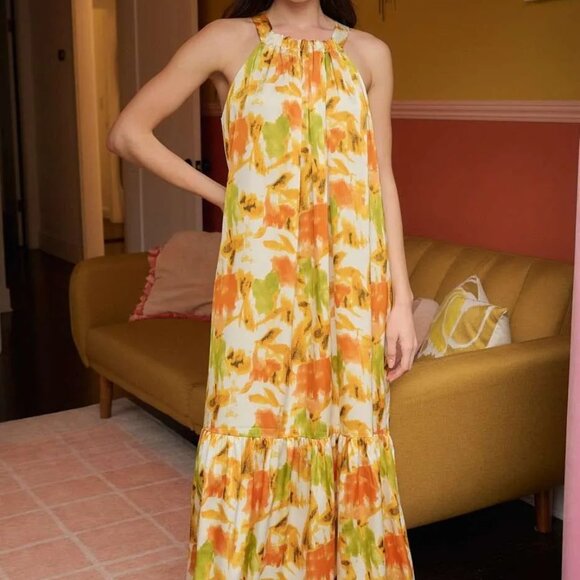 Mittoshop Watercolor Print Halter Neck Satin Maxi‎ Dress - Picture 5 of 9